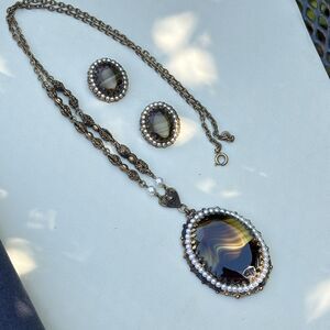 Vintage West Germany Amber Yellow Banded Glass Jewelry Set Faux Pearl Filigree